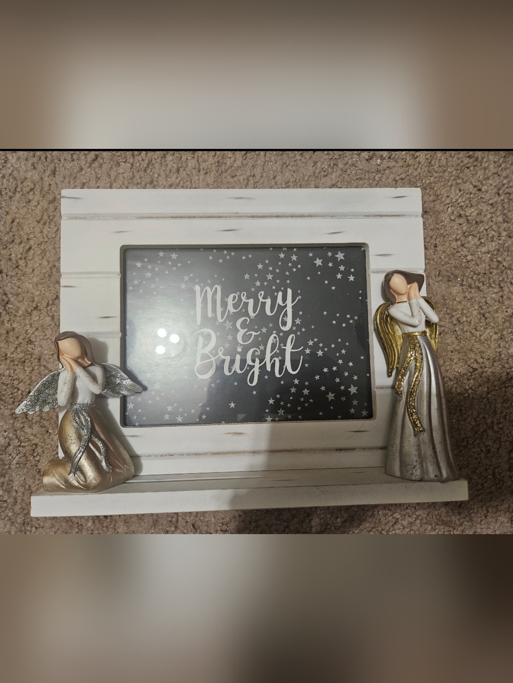 Merry & Bright 5x7 Holiday Frame with Angel Figurines - White, Gold, Silver